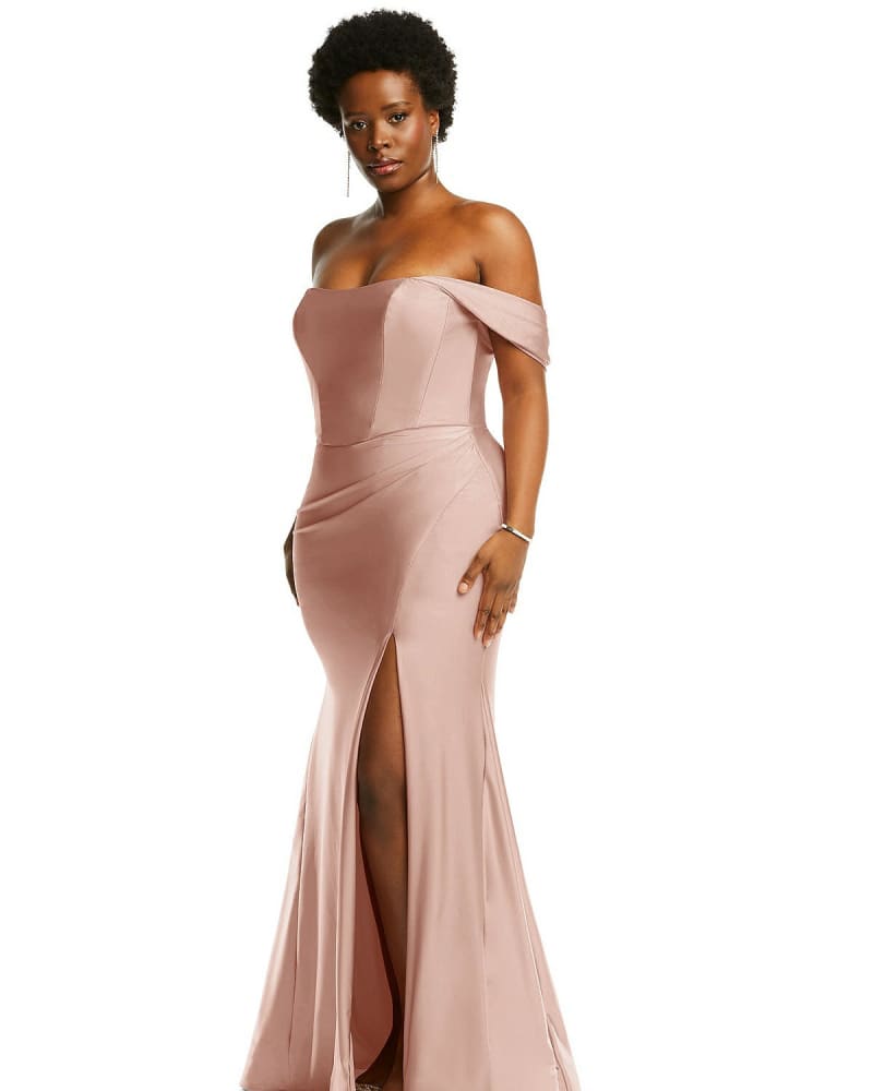 Off-the-Shoulder Corset Stretch Satin Mermaid Dress with Slight Train